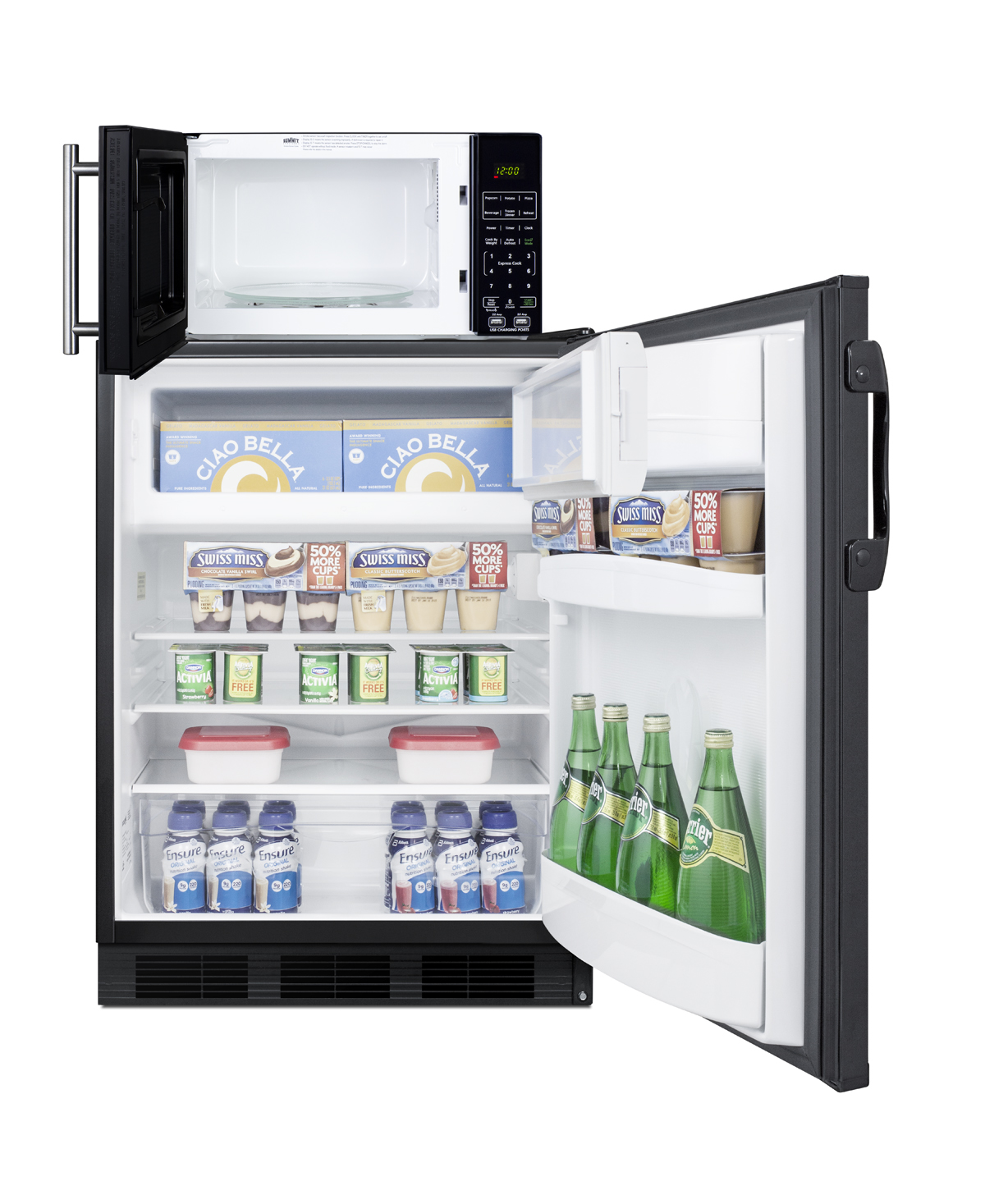 Counter height refrigerator-freezer and compact microwave in black with allocator and USB ports for 1-plug operation; ships in three boxes on one pallet